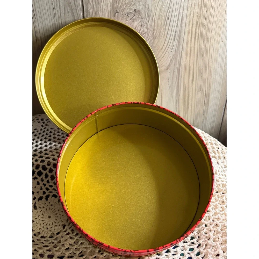 Red Black Damask Round Tin Scroll Pattern Gold Interior Storage Container 7x3